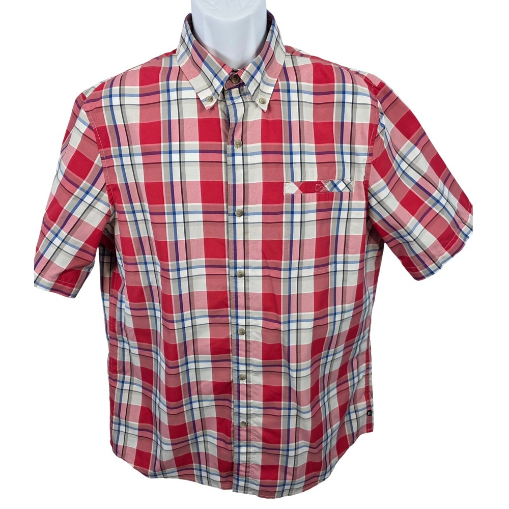 Chaps Button Down Red White Blue Plaid Polyester Shirt Pocket Mens Large L /A118